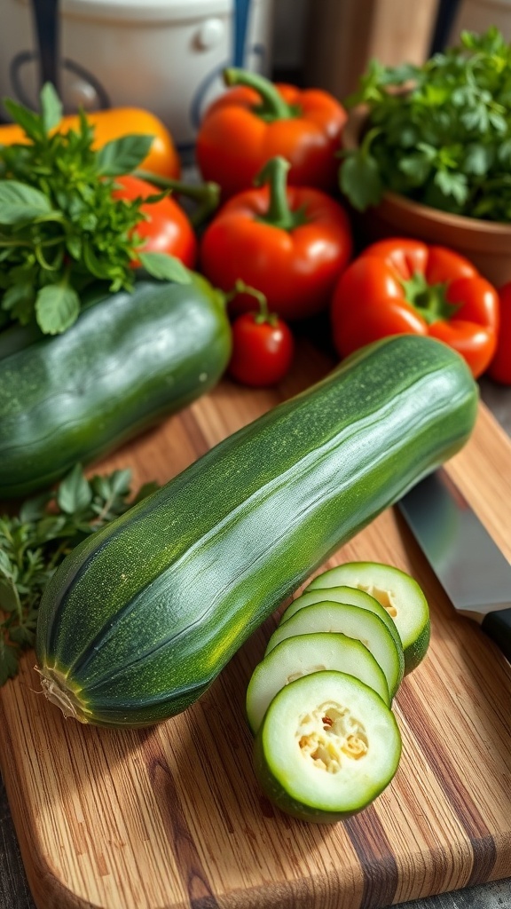 Health Benefits of Zucchini Fresh zucchini on a cutting board with colorful vegetables in a rustic kitchen.